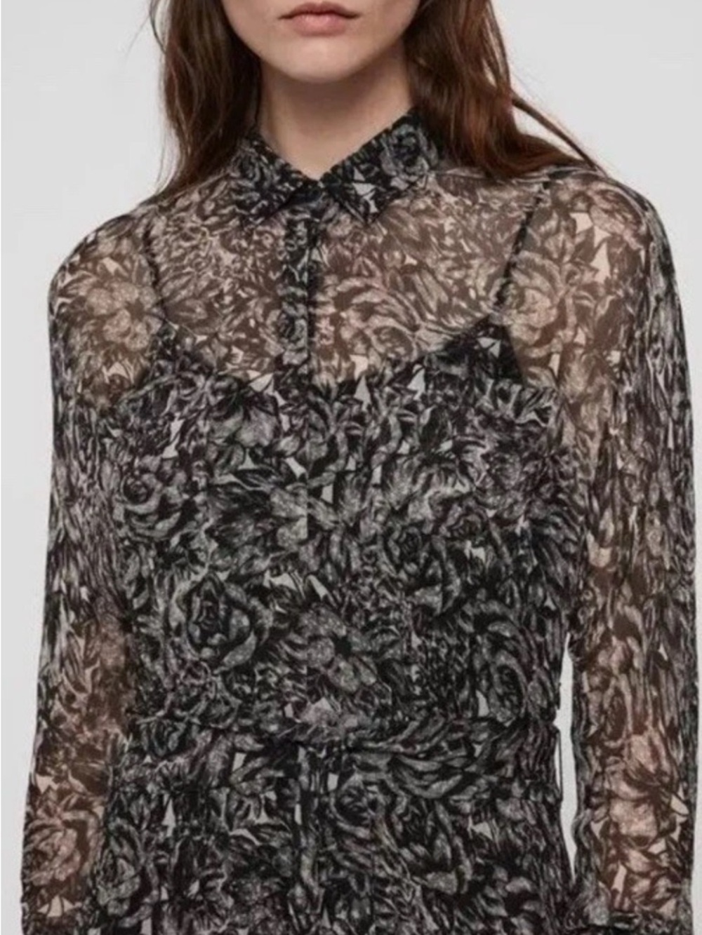 Sheer Floral Button-Up Dress in Black